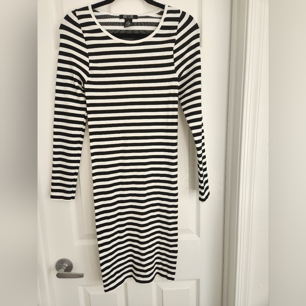 Form Fitted Long Sleeve Striped Midi Dress